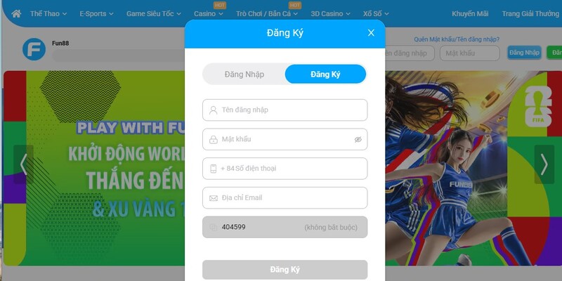 Nhập thông tin đăng ký FUN88 theo yêu cầu của biểu mẫu